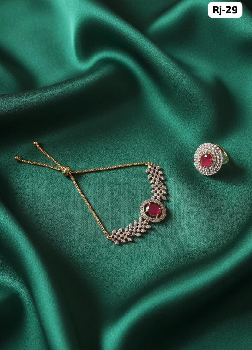 Emerald Luxe Adjustable Bracelet & Crystal Ring Set – Elegant Designer Party Wear Jewellery 3