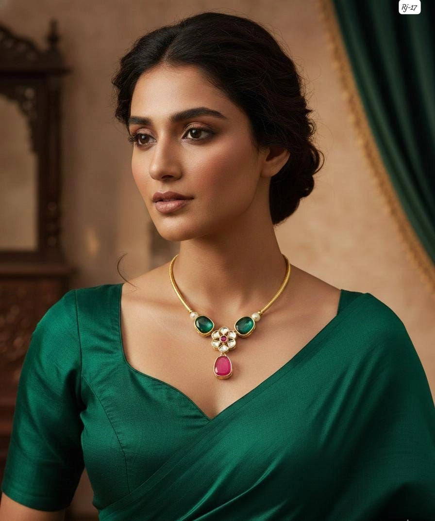 Royal Emerald Ruby Kundan Necklace Set – Elegant Traditional Designer Jewellery