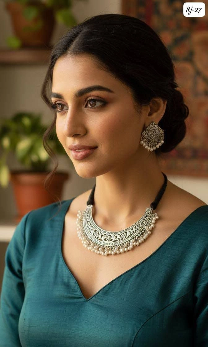 Royal Oxidised Pearl Choker Set – Vintage Silver Ethnic Jewellery