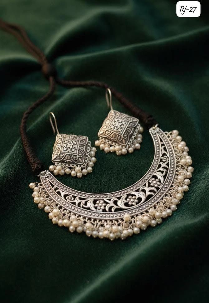 Royal Oxidised Pearl Choker Set – Vintage Silver Ethnic Jewellery 2