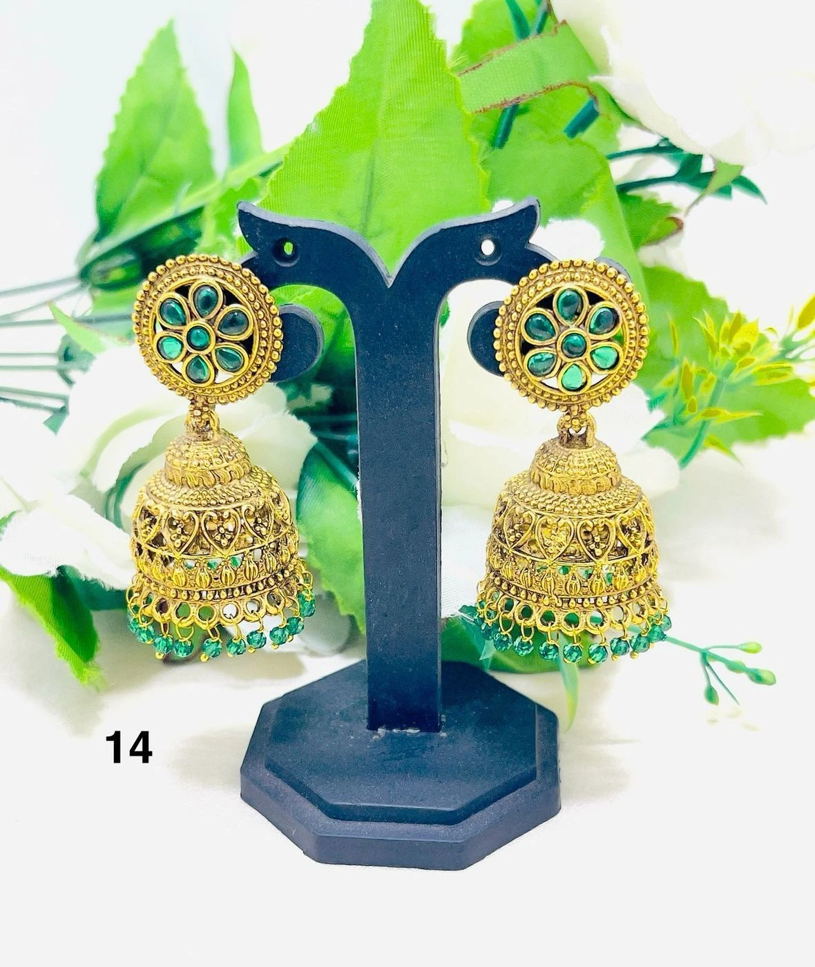 Royal Emerald Temple Jhumka Earrings – Antique Gold Traditional Jewellery