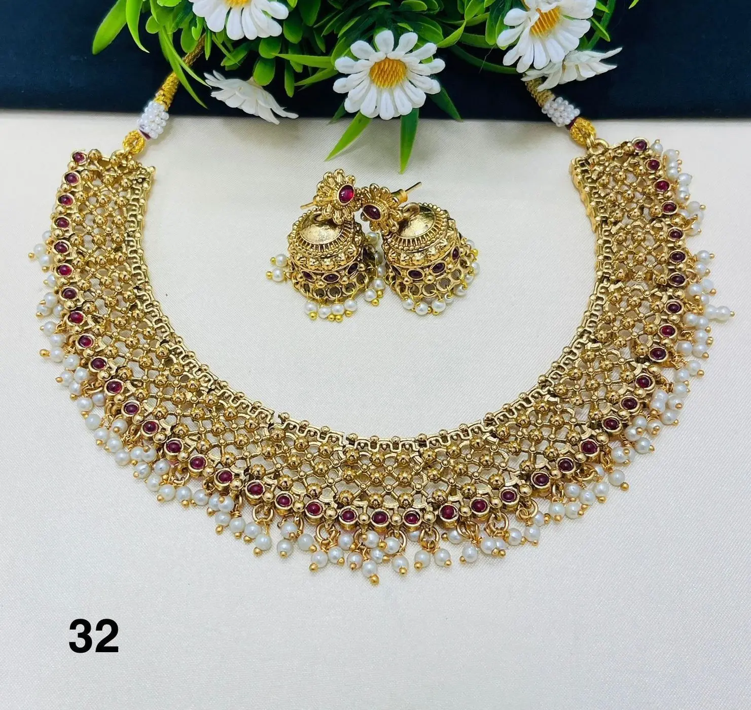 Royal Pearl Ruby Bridal Choker Set – Antique Gold Traditional Wedding Jewellery