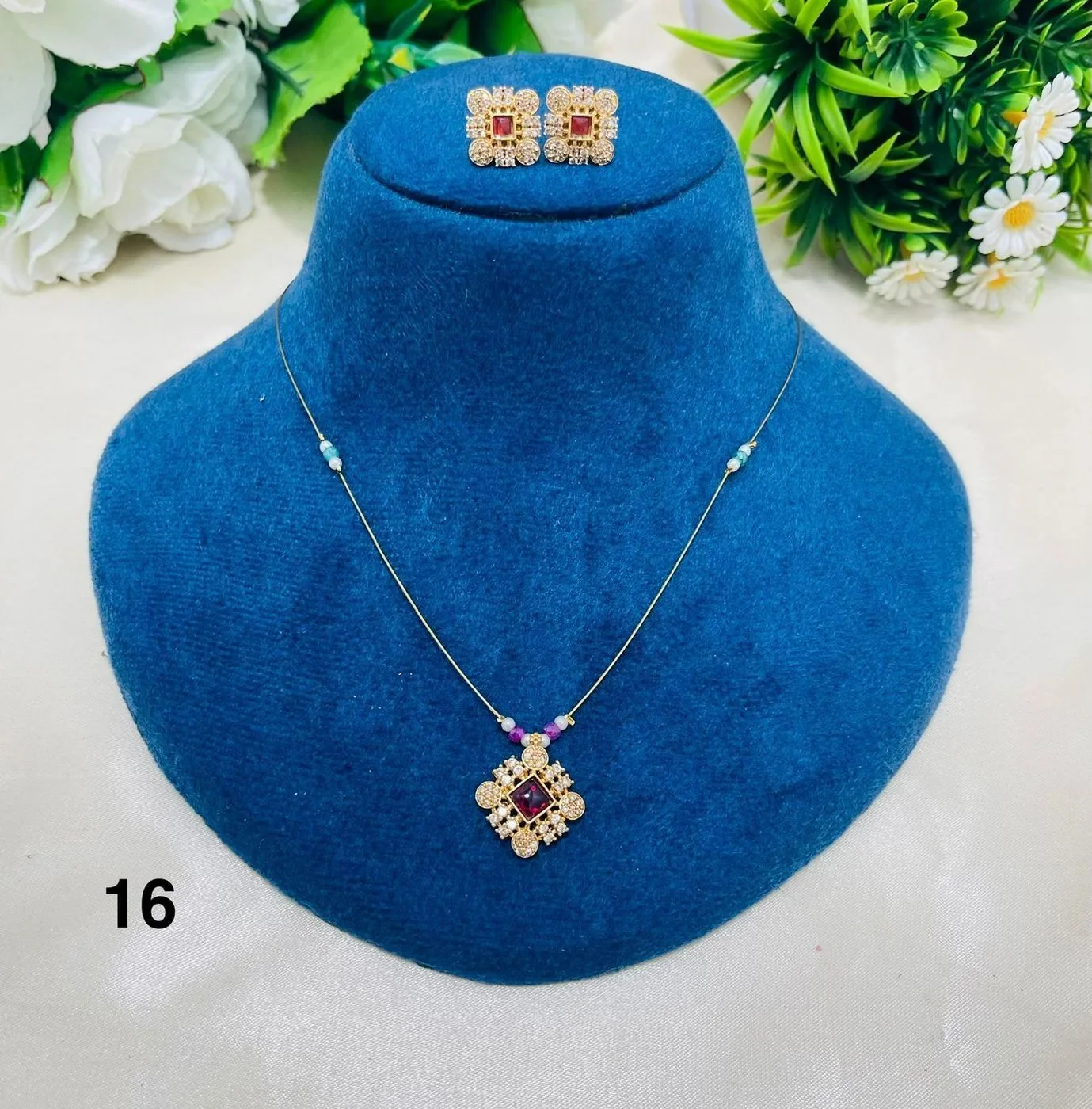 Elegant Ruby Crystal Pendant Necklace Set – Minimal Gold Look Party Jewellery