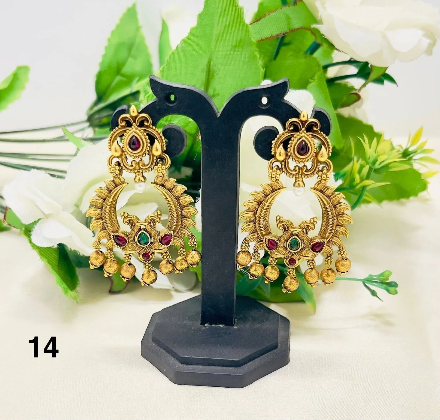 Royal Antique Peacock Chandbali Earrings – Temple Style Ruby Green Ethnic Jewellery