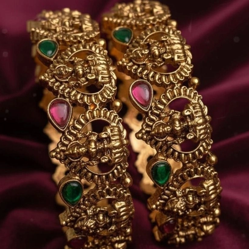 Royal Lakshmi Temple Bangles – Antique Gold Ruby Green Traditional Kada Set