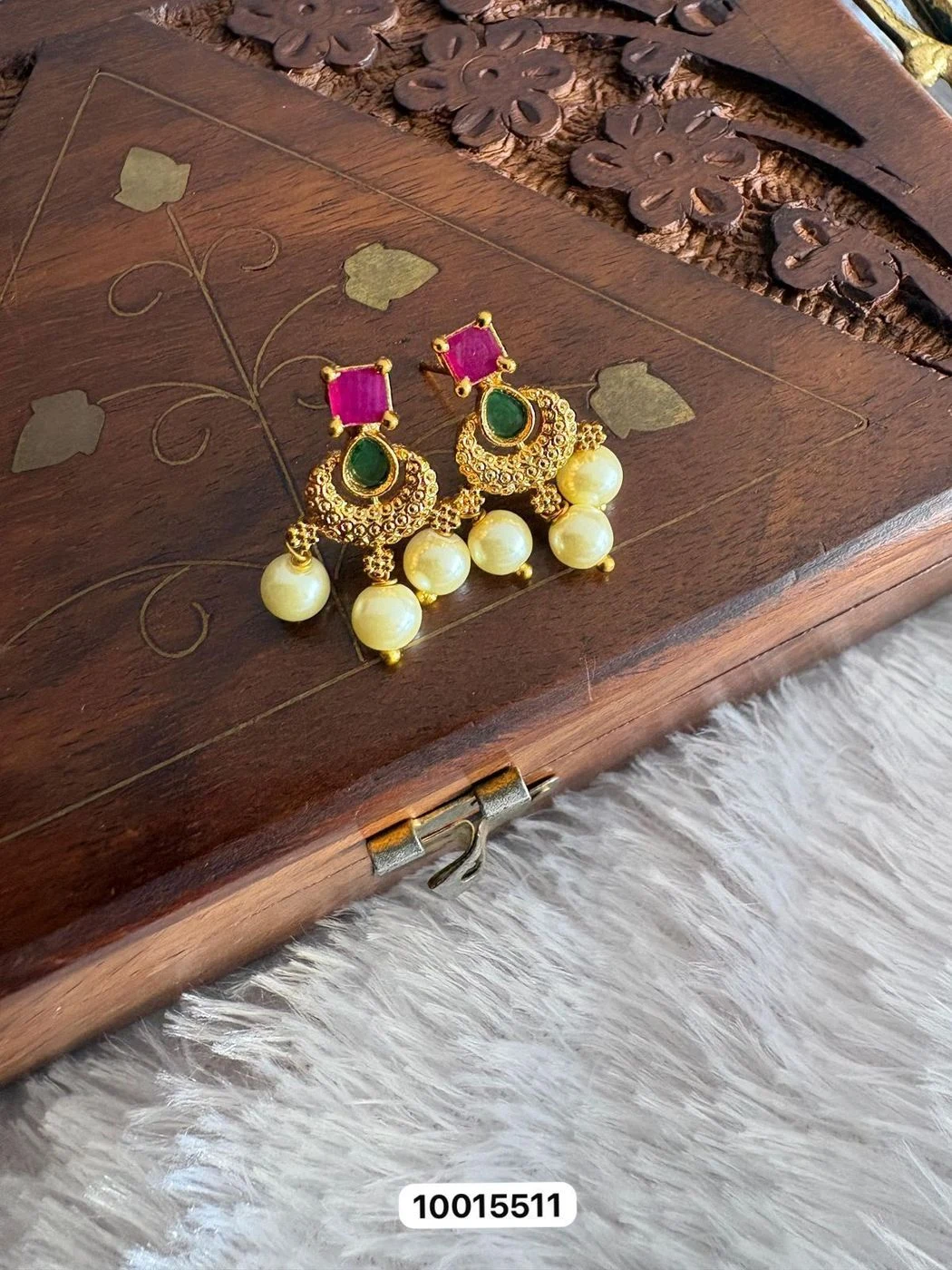 Royal Ruby Emerald Pearl Drop Earrings – Antique Gold Temple Style Jhumka