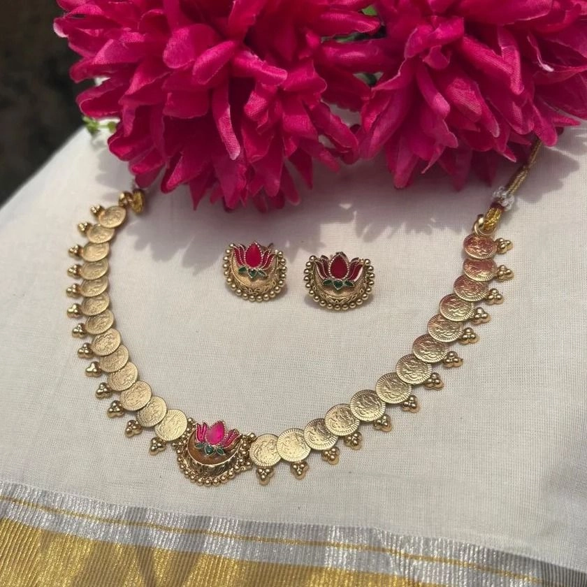 Kerala Coin Lakshmi Necklace Set – Traditional Gold Look Temple Jewellery with Lotus Pendant