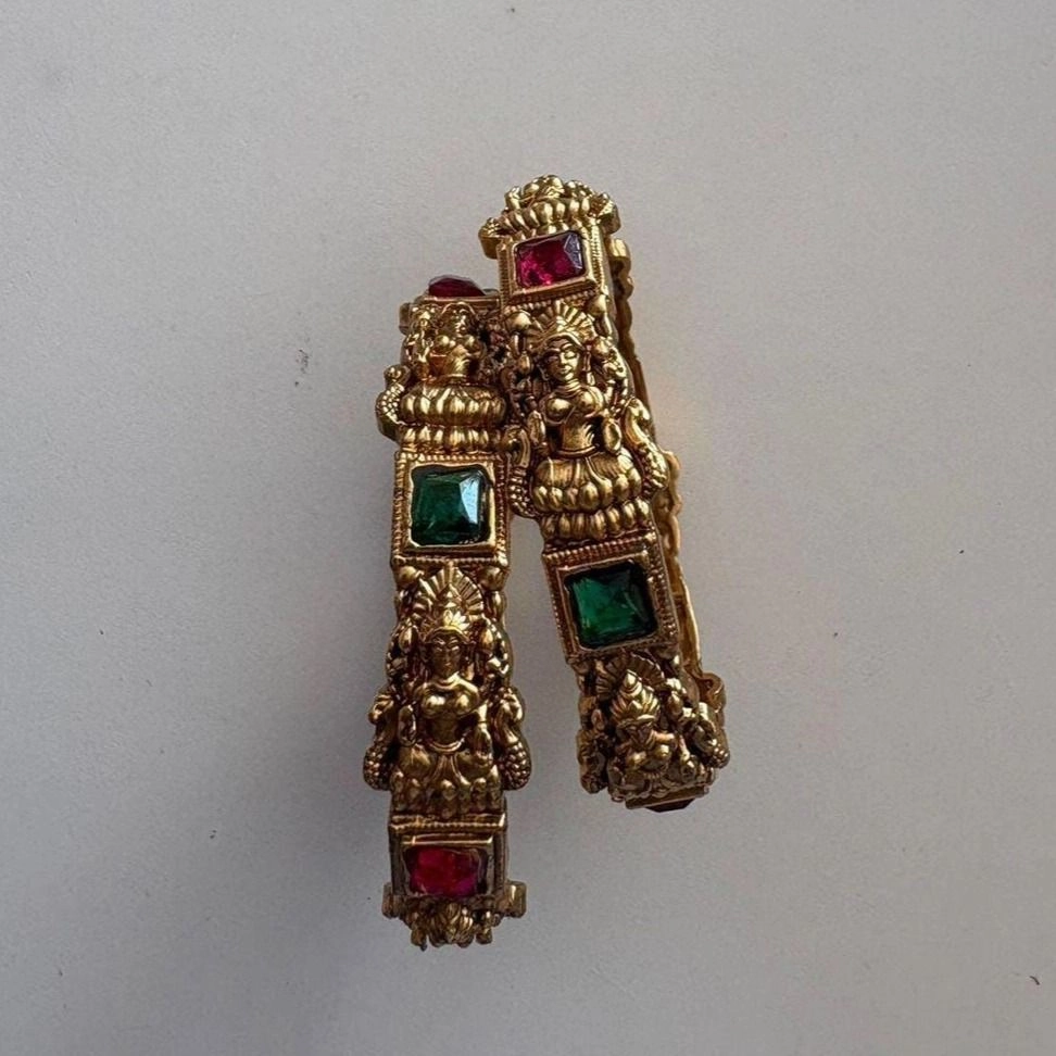 Royal Lakshmi Temple Kada Bangles – Antique Gold Ruby Green Bridal Bracelet Set