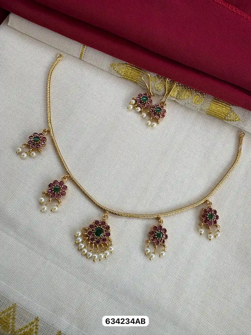Vishu Ahana Floral Pearl Necklace Set | Elegant Kerala Festive Jewellery