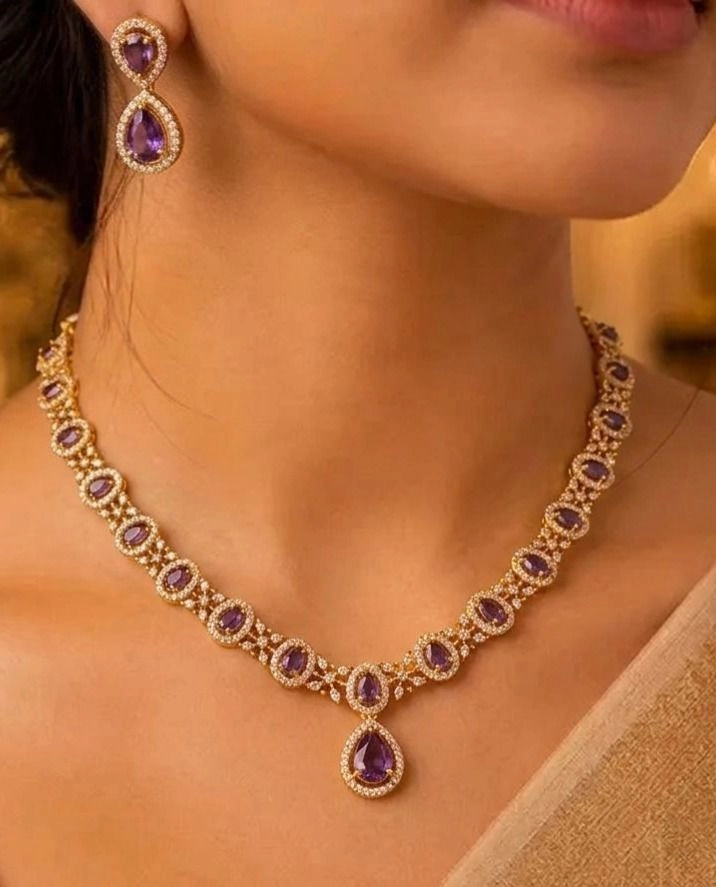 Sneha Royal Violet Stone Necklace Set | Elegant Traditional Jewellery for Women 1