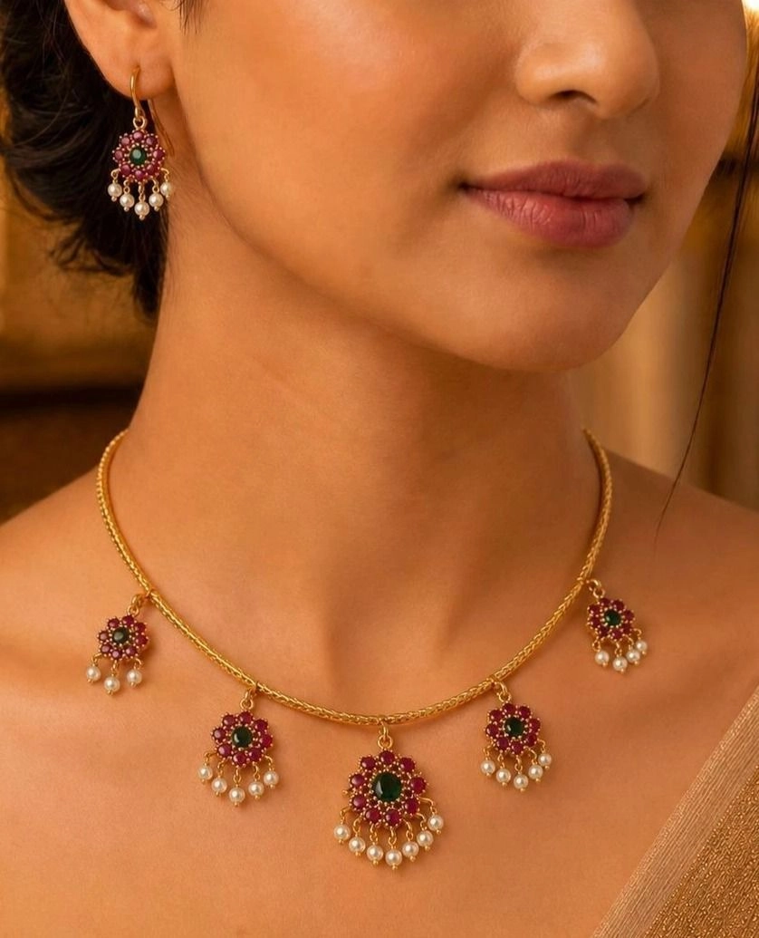 Vishu Ahana Floral Pearl Necklace Set | Elegant Kerala Festive Jewellery 1
