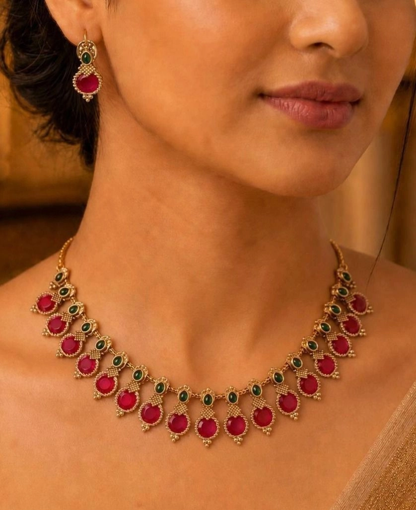 Vishu Mandaram Ruby-Green Temple Necklace Set | Premium Kerala Festive Jewellery 1