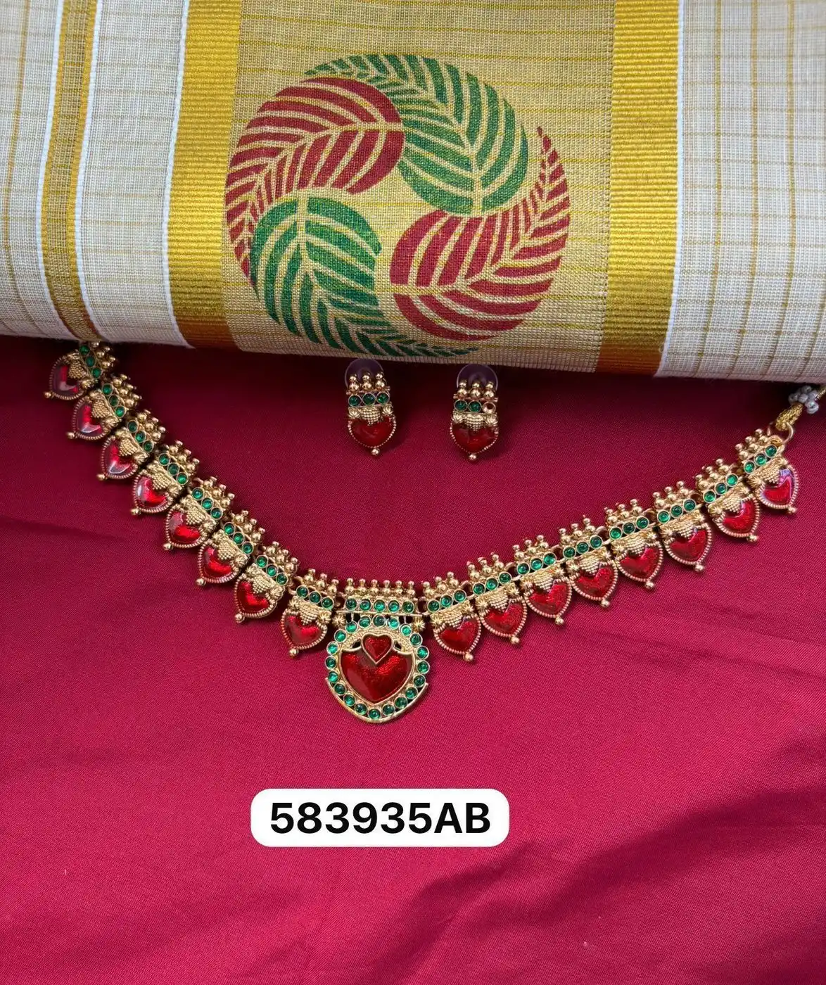 Royal Heart Antique Necklace Set - Premium Temple Jewellery with Matching Earrings |  Ruby Red, Emerald Green & Sapphire Blue Edition 3