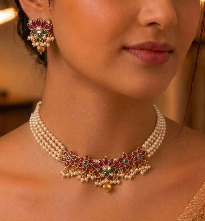 Royal Kundan Pearl Choker Set - Premium Floral Bridal Necklace with Matching Earrings | Traditional Wedding Jewellery for Women 1