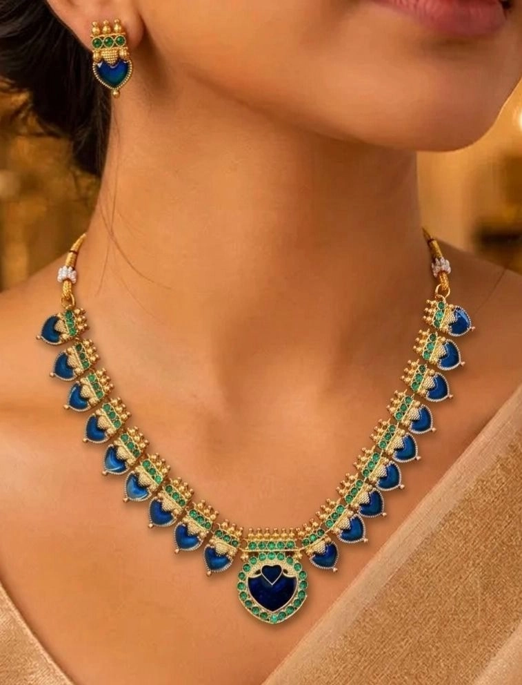 Royal Heart Antique Necklace Set - Premium Temple Jewellery with Matching Earrings |  Ruby Red, Emerald Green & Sapphire Blue Edition 1