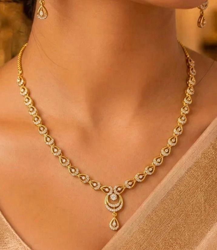 Elegant Teardrop Stone Necklace Set – Minimal Gold Look Daily Wear Jewellery with Matching Earrings 1