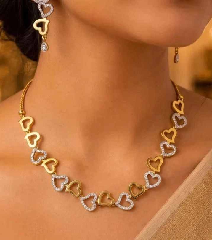 Elegant Heart Link Crystal Necklace Set – Luxury Dual Tone Heart Designer Jewellery 1