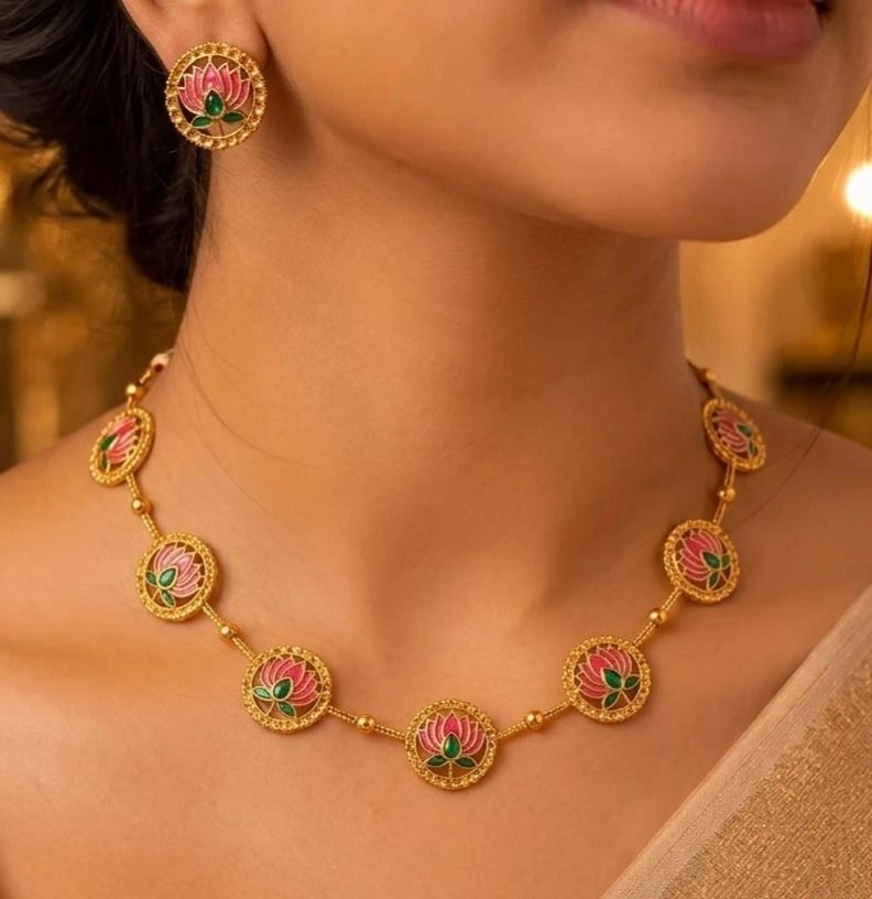 Vishu Lotus Matte Gold Necklace Set – Elegant Kerala Festive Jewellery 1