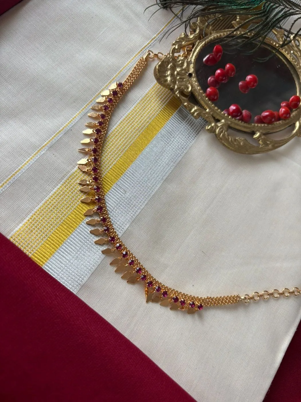 Tryloom Ruby Leaf Minimal Necklace Set | Premium Gold-Finish Designer Short Necklace with Matching Earrings 2