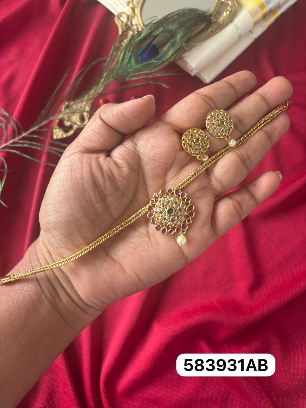 Tryloom Heritage Ruby Bloom Gold-Finish Choker Set | Premium Traditional Kerala Necklace with Matching Stud Earrings