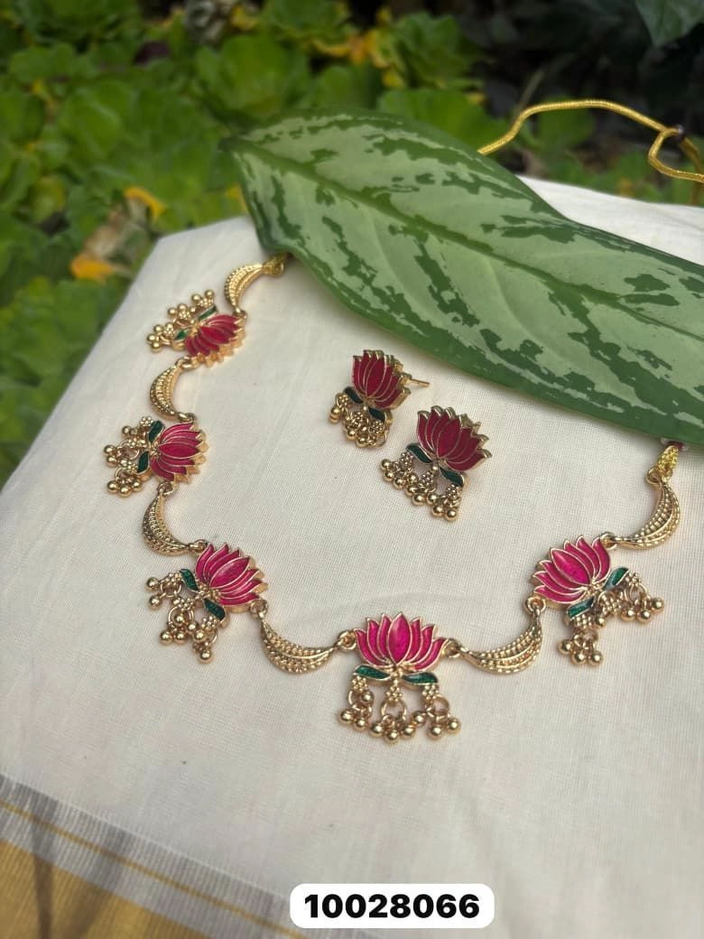 Tryloom Lotus Bloom Premium Necklace Set | Gold-Finish Traditional Lotus Jewellery with Designer Stud Earrings (Green & Ruby Pink) 2
