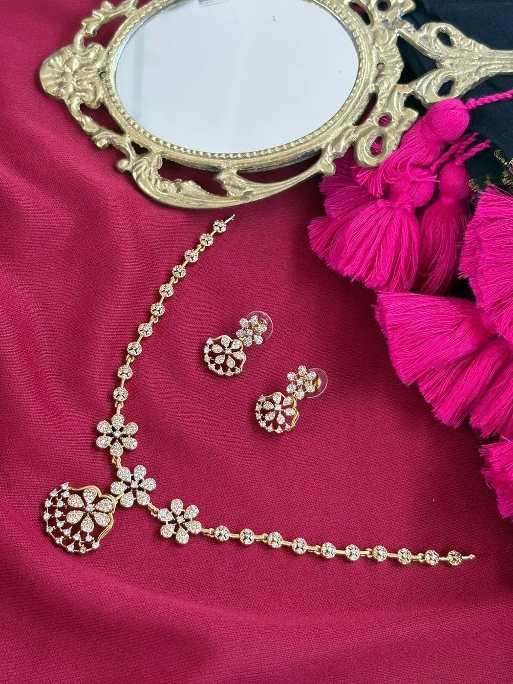 Tryloom Blossom Sparkle Designer Necklace Set | Premium Gold-Finish Floral Crystal Necklace with Matching Earrings