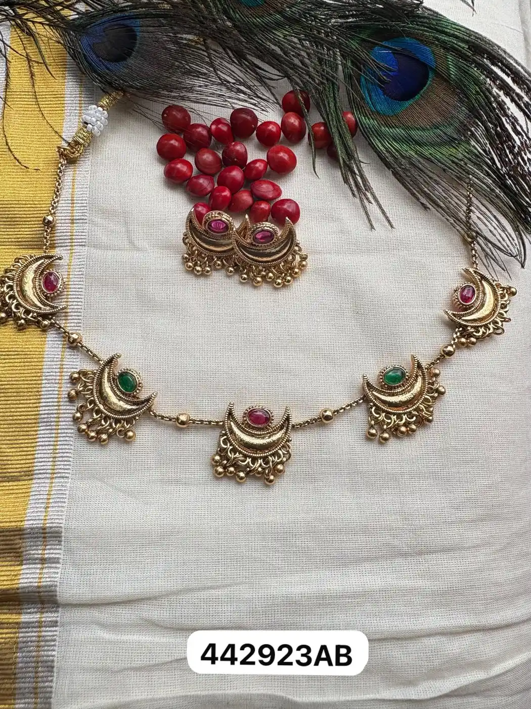 Tryloom Antique Crescent Temple Necklace Set – Premium Gold Finish Traditional Necklace & Earrings 2