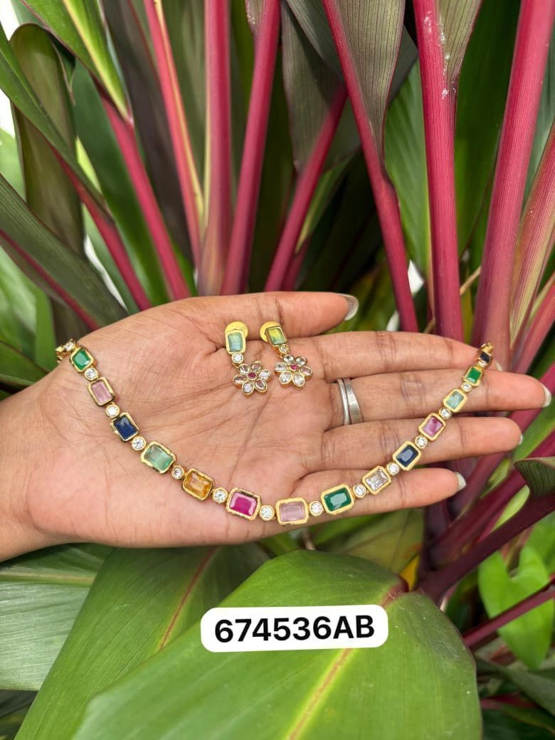Tryloom Navaratna Elegance Necklace Set – Premium Multicolor Gold Finish Jewellery 2
