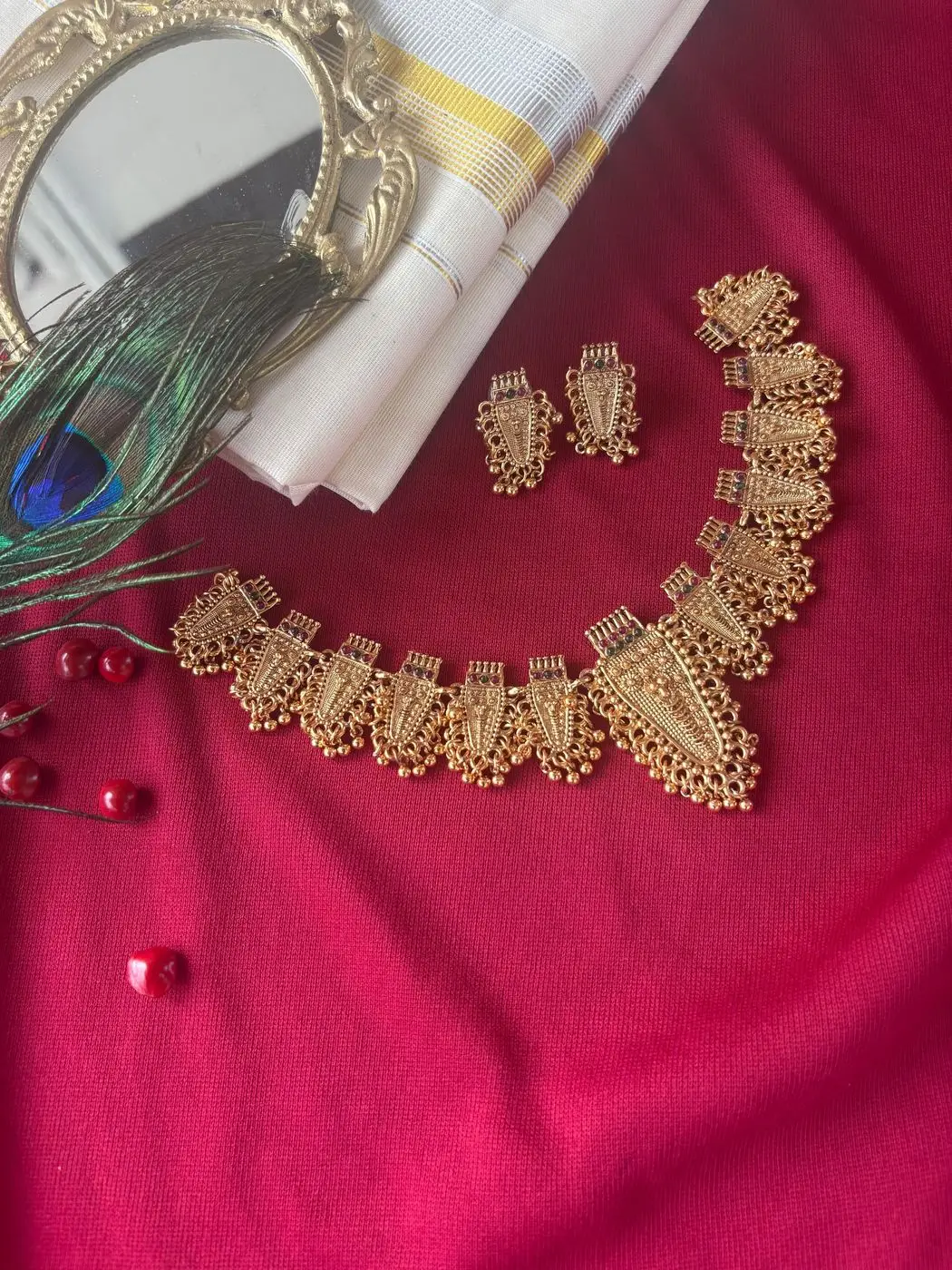 Tryloom Heritage Temple Coin Necklace Set – Premium Antique Gold Traditional Jewellery 2