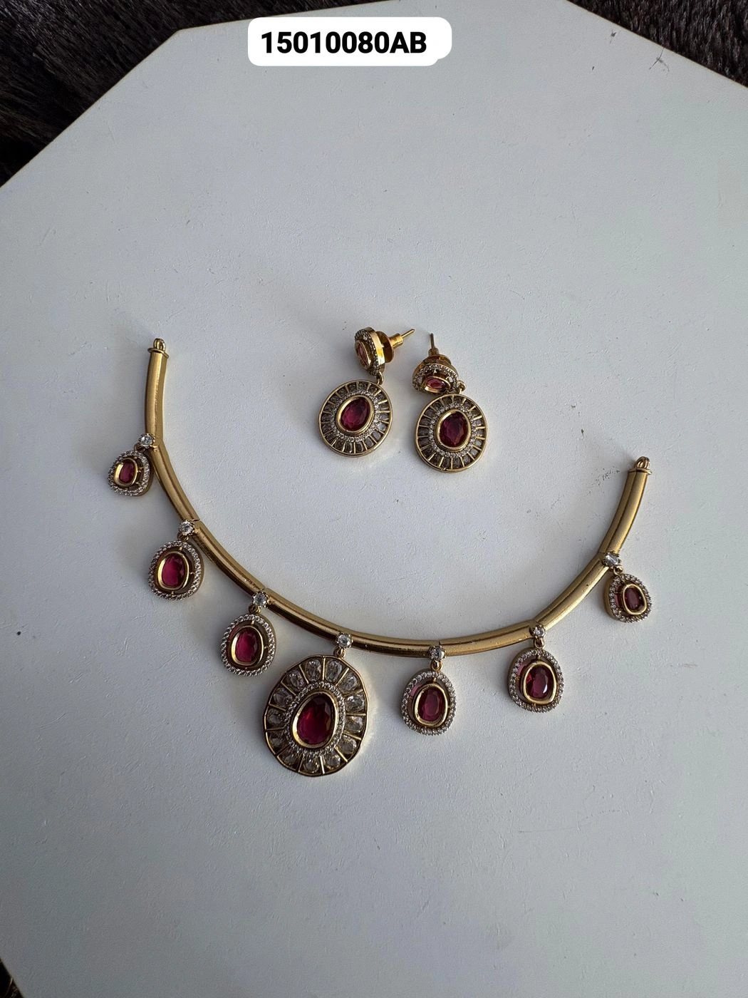 Tryloom Royal Halo CZ Necklace Set – Premium Gold Finish Statement Jewellery Available in Ruby Red, Emerald Green & Royal Purple 2