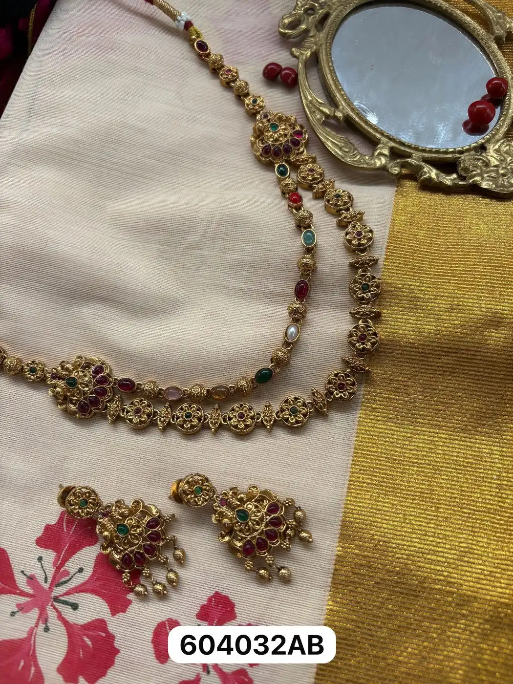 Tryloom Heritage Navaratna Temple Necklace Set – Premium Antique Gold Traditional Jewellery 2