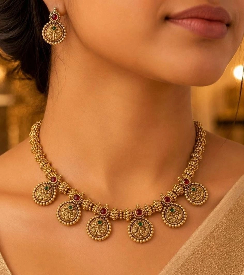 Tryloom Heritage Temple Coin Necklace Set – Premium Antique Gold Finish Traditional Jewellery 1