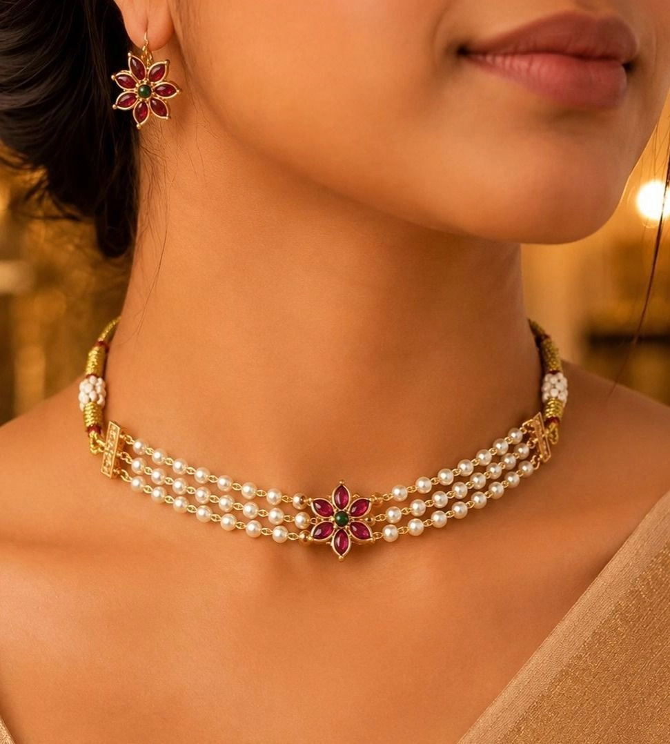Tryloom Floral Pearl Choker Set – Premium Ruby Stone Traditional Jewellery | Elegant Kerala Wedding Collection 1