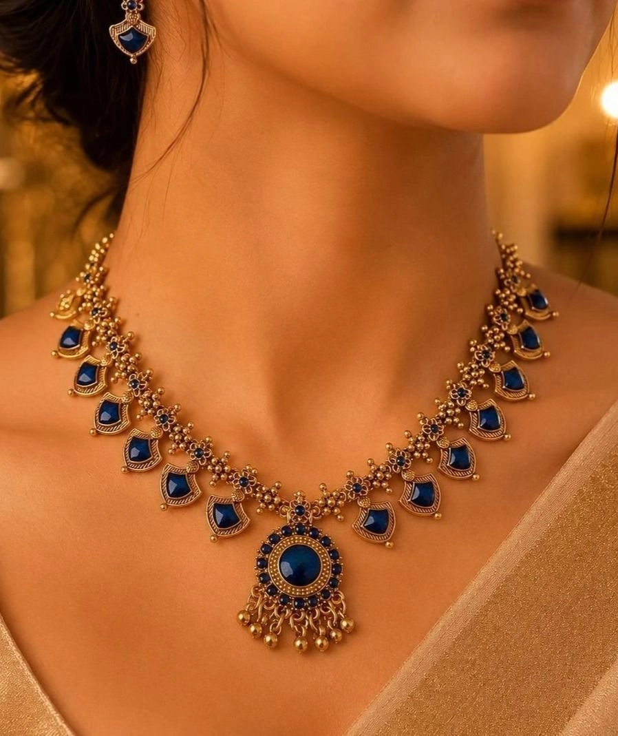 Tryloom Royal Blue Temple Necklace Set – Premium Antique Gold Traditional Jewellery 1