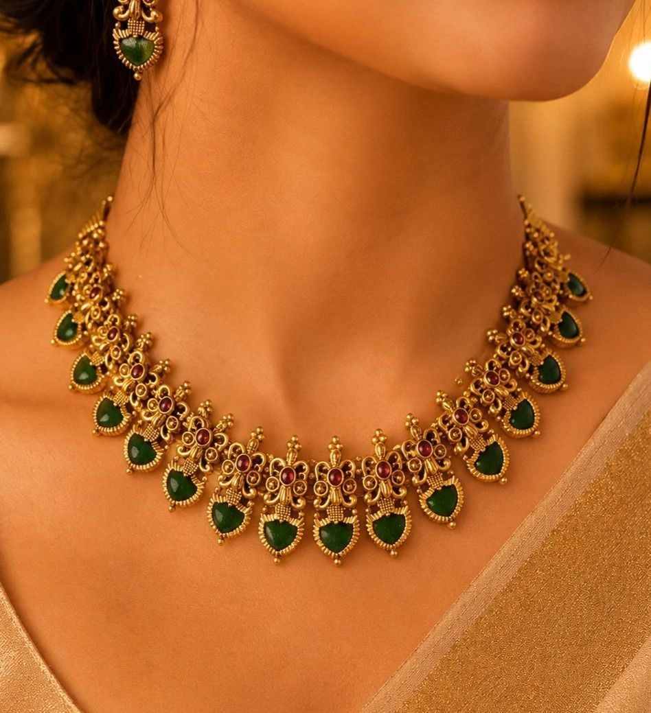 Tryloom Heritage Peacock Temple Necklace Set – Premium Antique Gold Traditional Jewellery Available in Emerald Green & Ruby Red 1