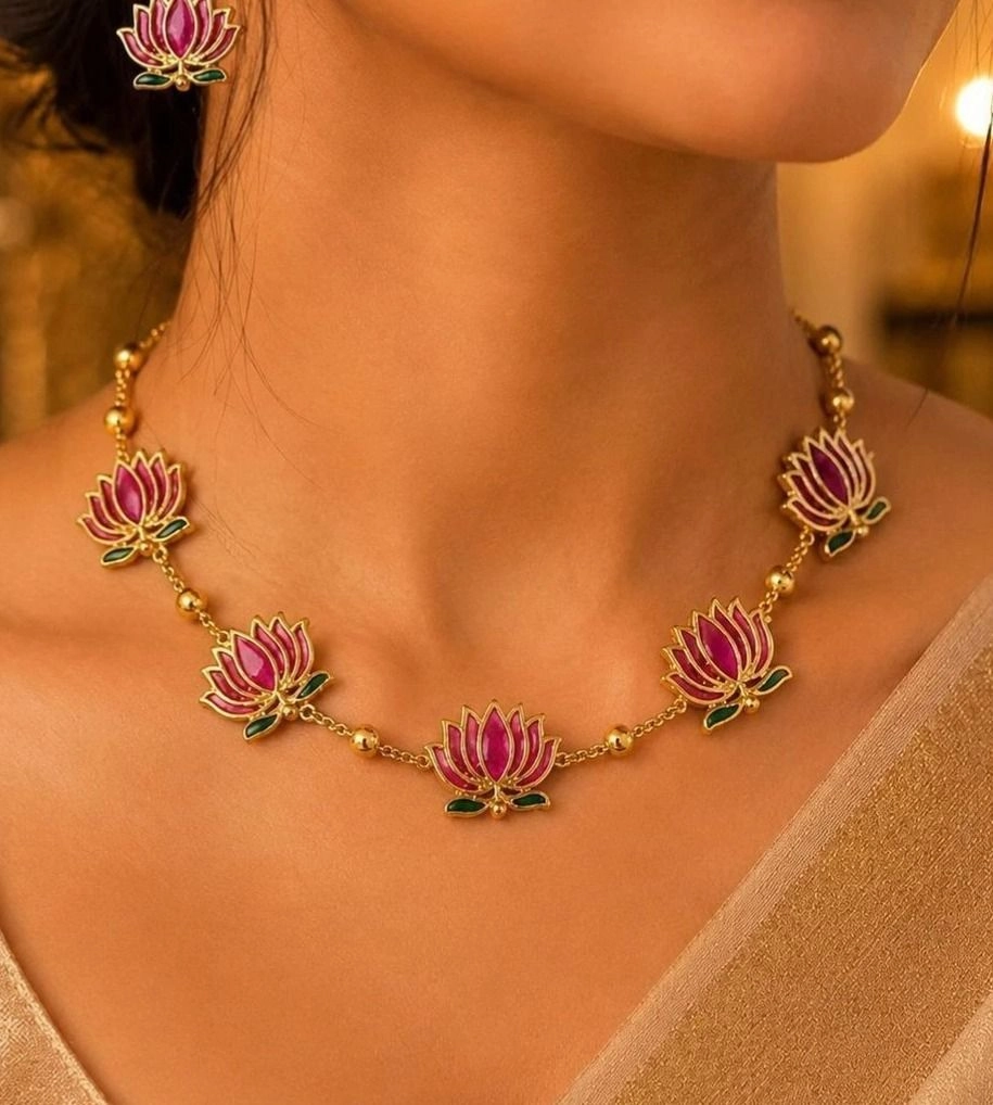 Tryloom Lotus Bloom Necklace Set – Premium Gold Finish Floral Jewellery with Matching Earrings 1