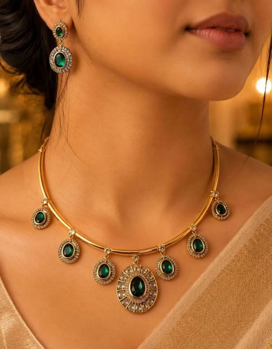 Tryloom Royal Halo CZ Necklace Set – Premium Gold Finish Statement Jewellery Available in Ruby Red, Emerald Green & Royal Purple 1