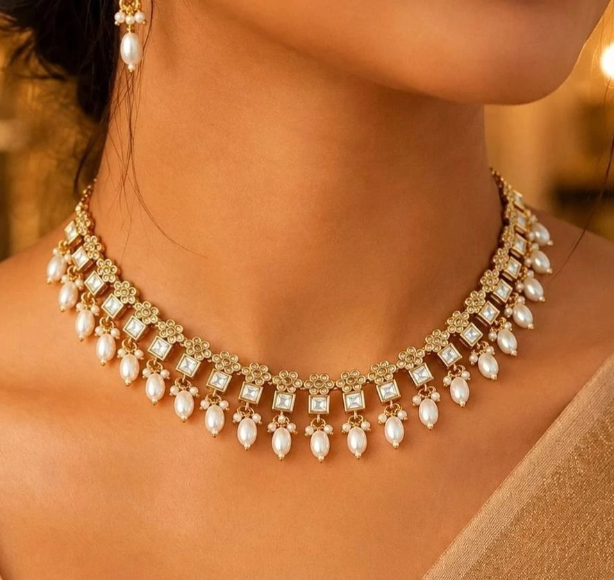 Tryloom Royal Pearl Kundan Necklace Set – Premium Gold Finish Wedding & Party Jewellery 1