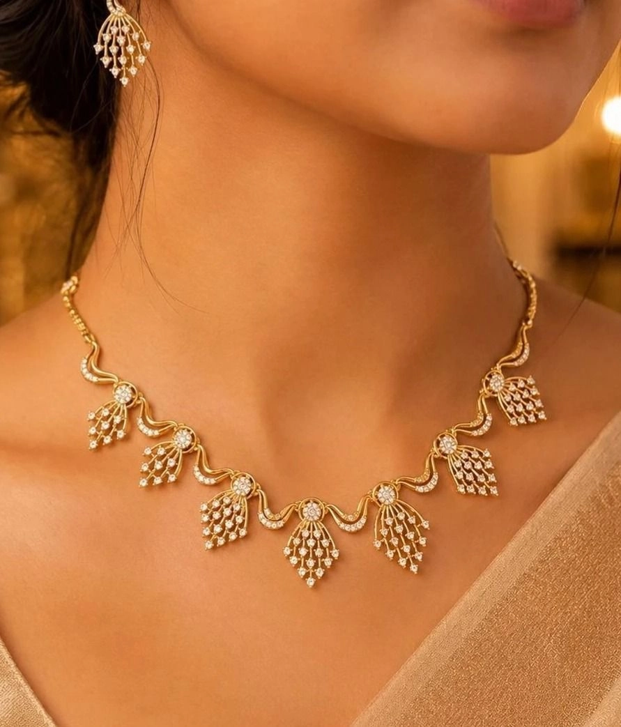Tryloom Celestial CZ Tassel Necklace Set – Premium Gold Finish Party & Bridal Jewellery 1