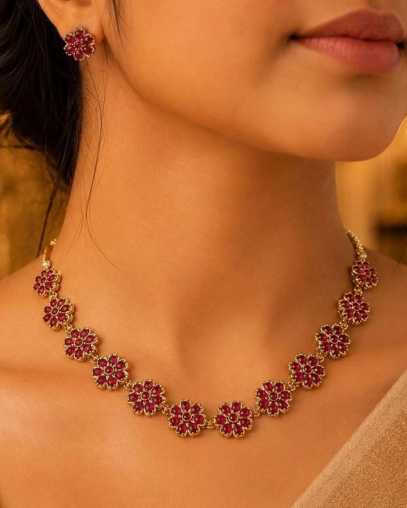 Tryloom Ruby Blossom Floral Necklace Set – Premium Gold Finish Traditional Jewellery 1