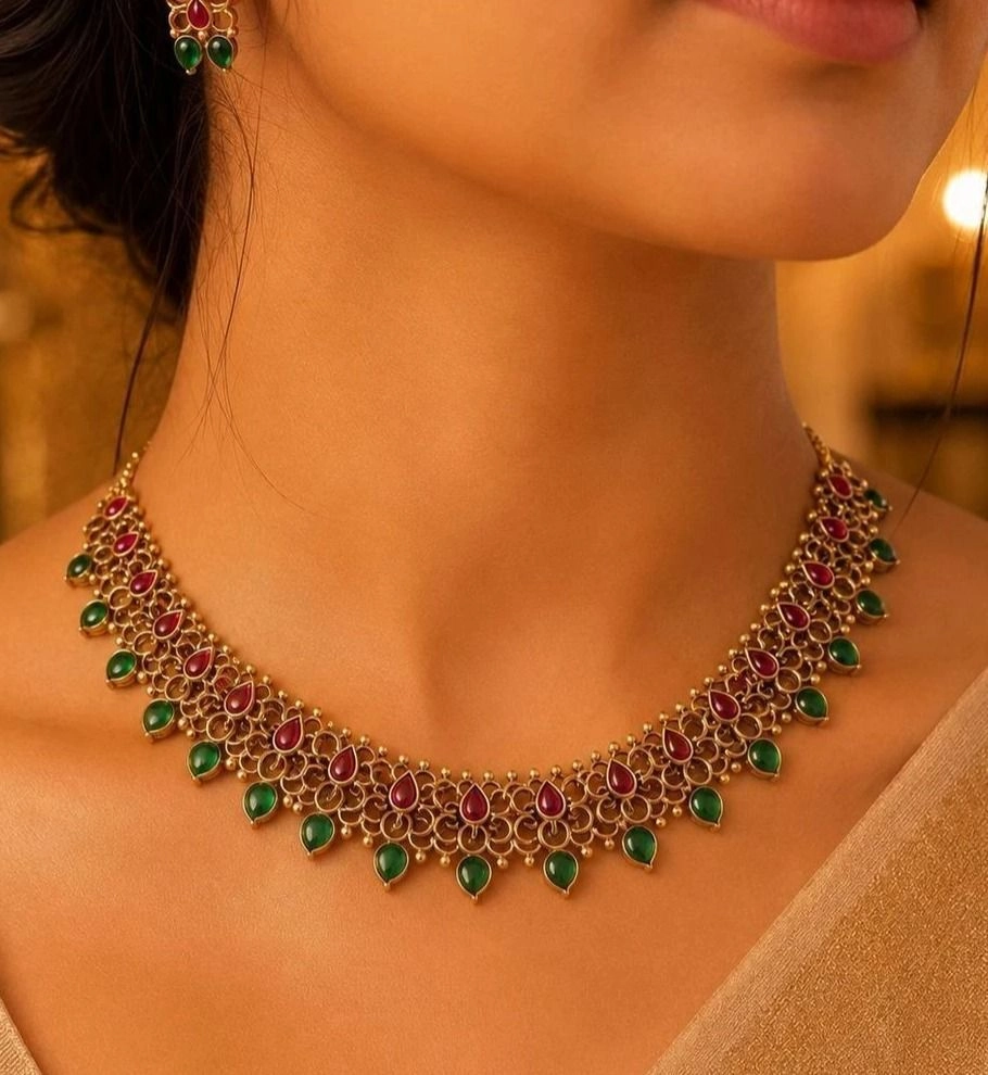 Tryloom Heritage Gemstone Temple Necklace Set – Premium Antique Gold Finish Jewellery 1