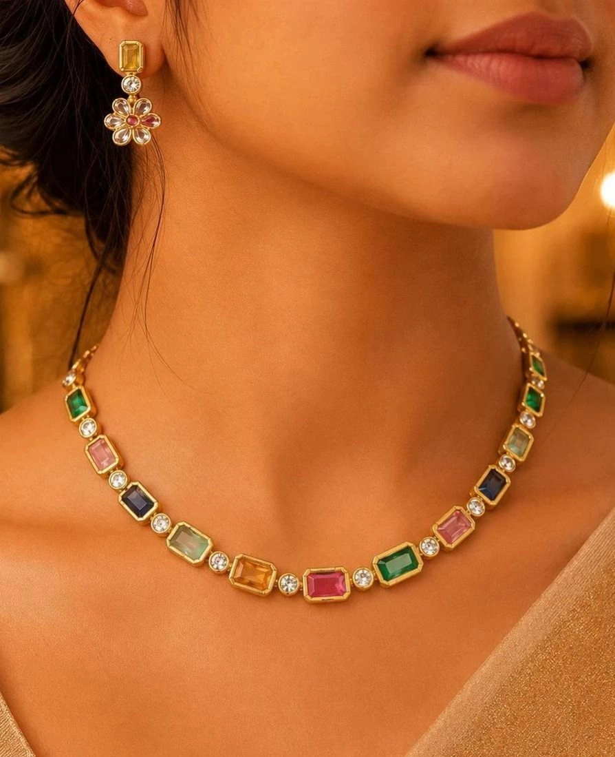 Tryloom Navaratna Elegance Necklace Set – Premium Multicolor Gold Finish Jewellery 1