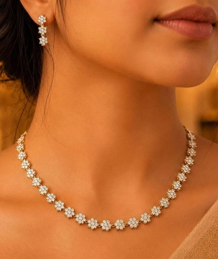 Tryloom Crystal Blossom Necklace Set – Premium Diamond Finish Floral Jewellery 1