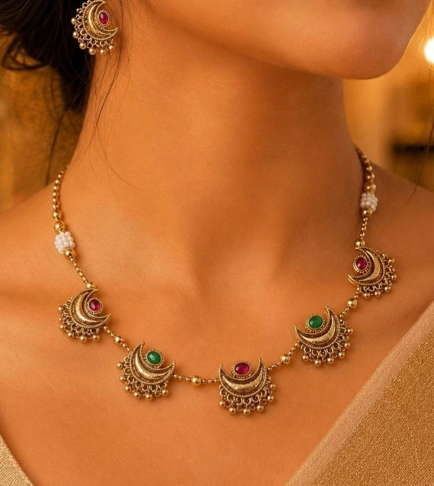Tryloom Antique Crescent Temple Necklace Set – Premium Gold Finish Traditional Necklace & Earrings 1