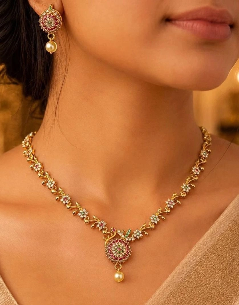 Tryloom Floral CZ Pearl Drop Necklace Set – Premium Gold Finish Wedding Jewellery 1