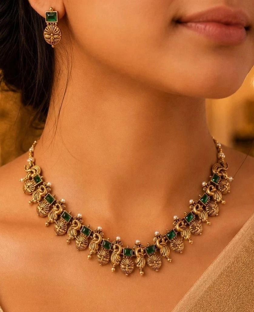Tryloom Royal Peacock Temple Necklace Set – Premium Antique Gold Finish Jewellery 1