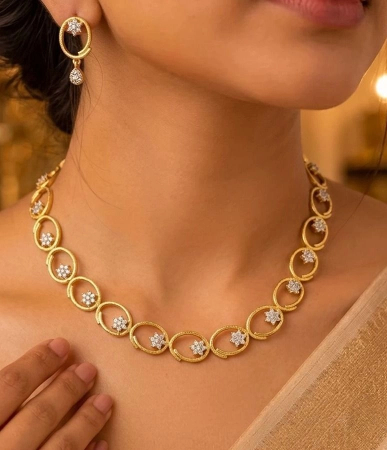 Tryloom Celestial CZ Circle Necklace Set – Premium Gold Finish Designer Jewellery 1