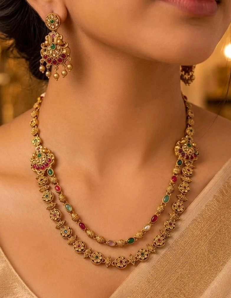 Tryloom Heritage Navaratna Temple Necklace Set – Premium Antique Gold Traditional Jewellery 1