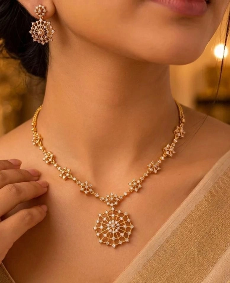 Tryloom Celestial Crystal Pendant Necklace Set | Premium Gold-Finish Floral Designer Necklace with Matching Earrings 1