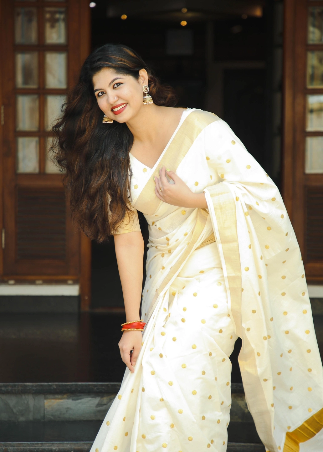 Tryloom Premium White Small Gold Polka Cotton Saree | Elegant Golden Butta Border Onam Saree for Women 2